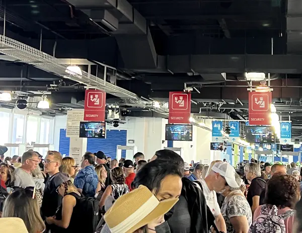 crowded security and check in at manhattan cruise terminal