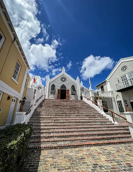 St. Peter’s Church in St. George’s, Bermuda, with brick steps leading up to the historic white church.