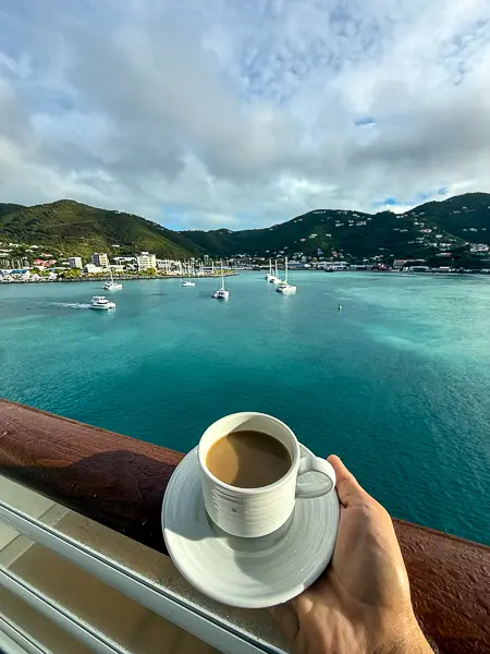 Coffee with a view of Tortola from a cruise ship balcony