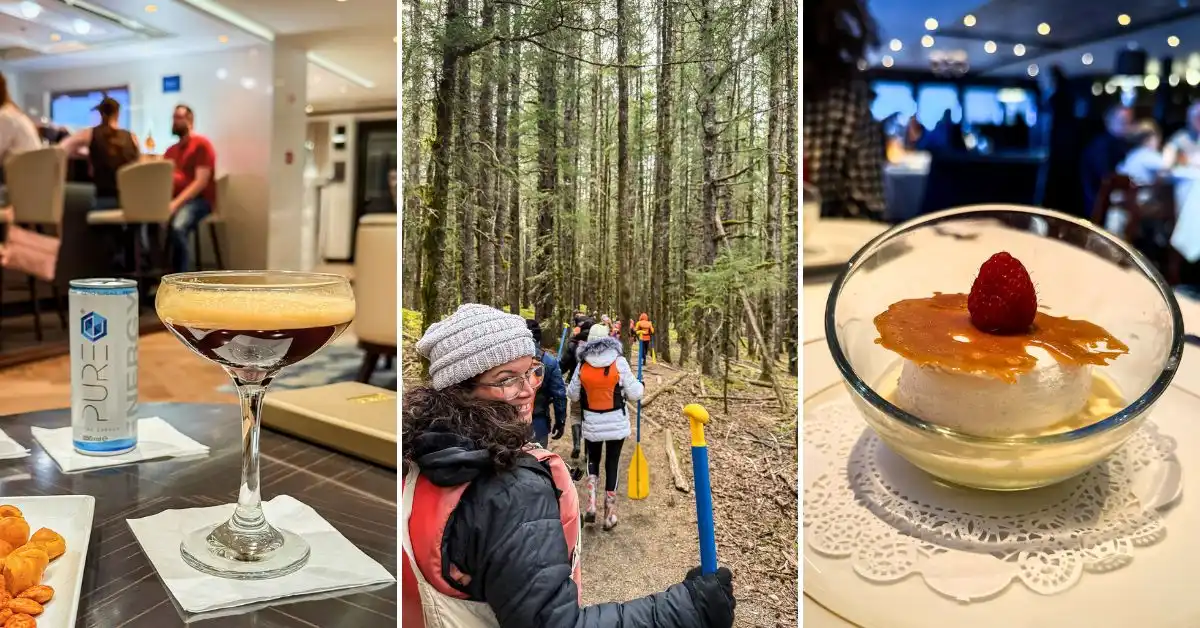featured image: Collage showing an espresso martini in an NCL lounge, cruisers hiking through the forest to Glacier Point in Alaska, and a plated dessert from a specialty restaurant—highlighting what’s included in the new NCL Free at Sea program.