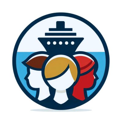 a graphic of talking heads with a cruise ship sign above them