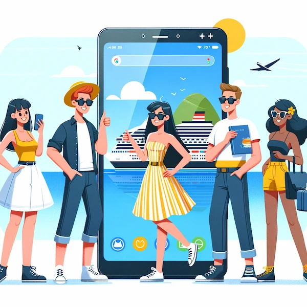 five cartoon characters standing in front of a large smartphone with a cruise in the screen