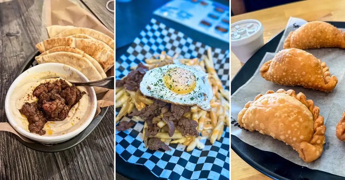 featured image: Collage of dishes from local places to eat in Monrovia: filet beef over hummus with pita, bulgogi fries topped with a fried egg, and golden fried empanadas.