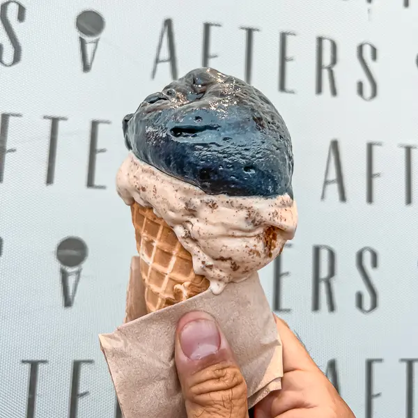 Two scoop ice cream waffle cone with dark matters and Cookie ice cream.