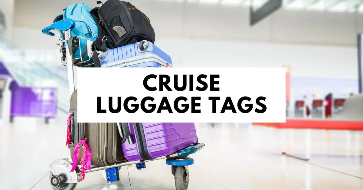 featured blog image | cruise luggage tags title over a cart stacked with suitcases
