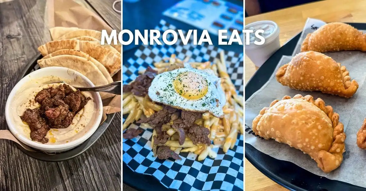 featured image: Collage of three food photos with the text 'Monrovia Eats' across the center. The left image shows filet beef over hummus with pita bread from The Diplomat. The middle image features bulgogi fries topped with a fried egg from K-Chicken & Beer. The right image shows a tray of golden fried empanadas from Lord Empanada."