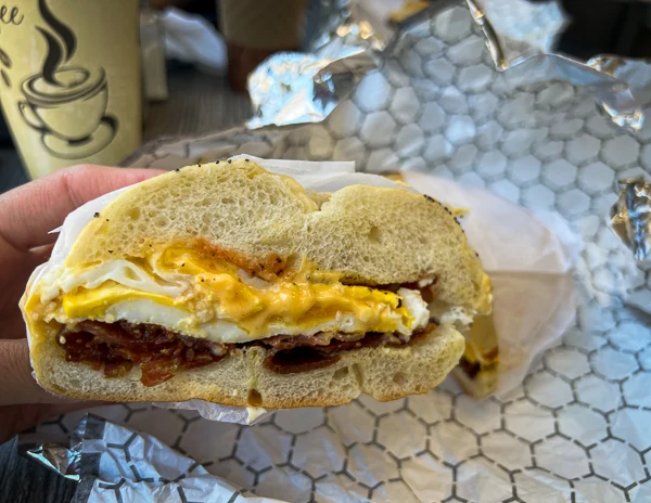 egg, bacon and cheese breakfast sandwich in new york city