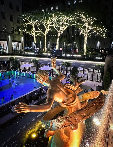 rollerskating rink at Rockefeller center in the summer