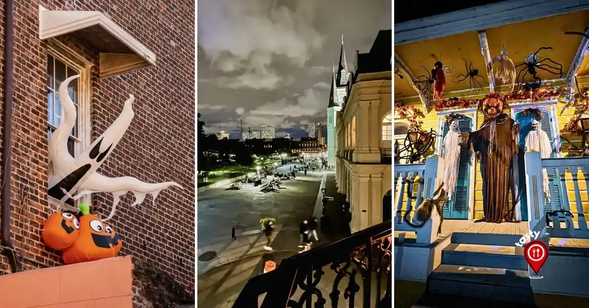 Halloween in New Orleans photo collage featuring pumpkin decorations, a nighttime view of Jackson Square, and a house decorated with spooky figures.