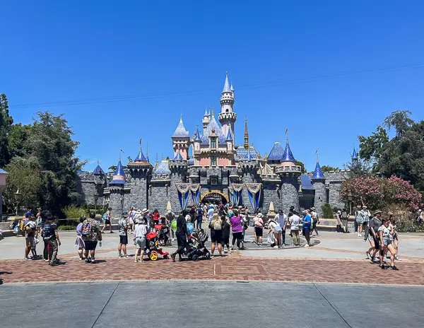 people crowding disneyland sleeping beautys castle