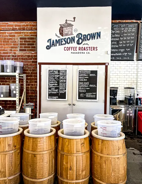 coffee beans and james brown sign