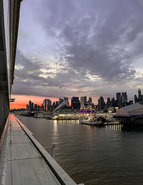 morning sunrise over new york city skyline from cruise ship