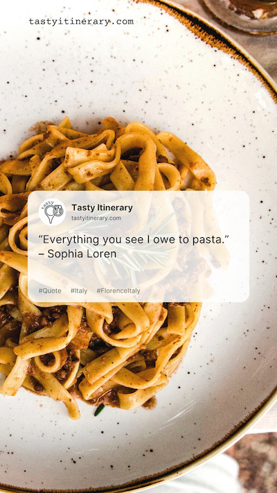 image of plate of pasta ragu with sophia loren quote