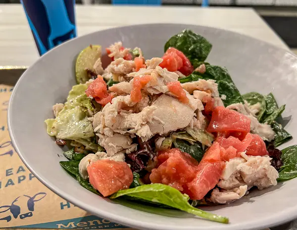 salad with pink lady beets, chicken, spinach