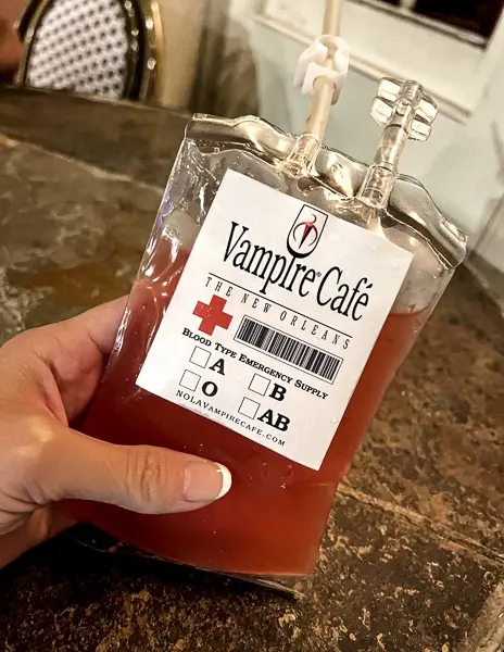 cocktail in a blood bag at vampire cafe in new orleans