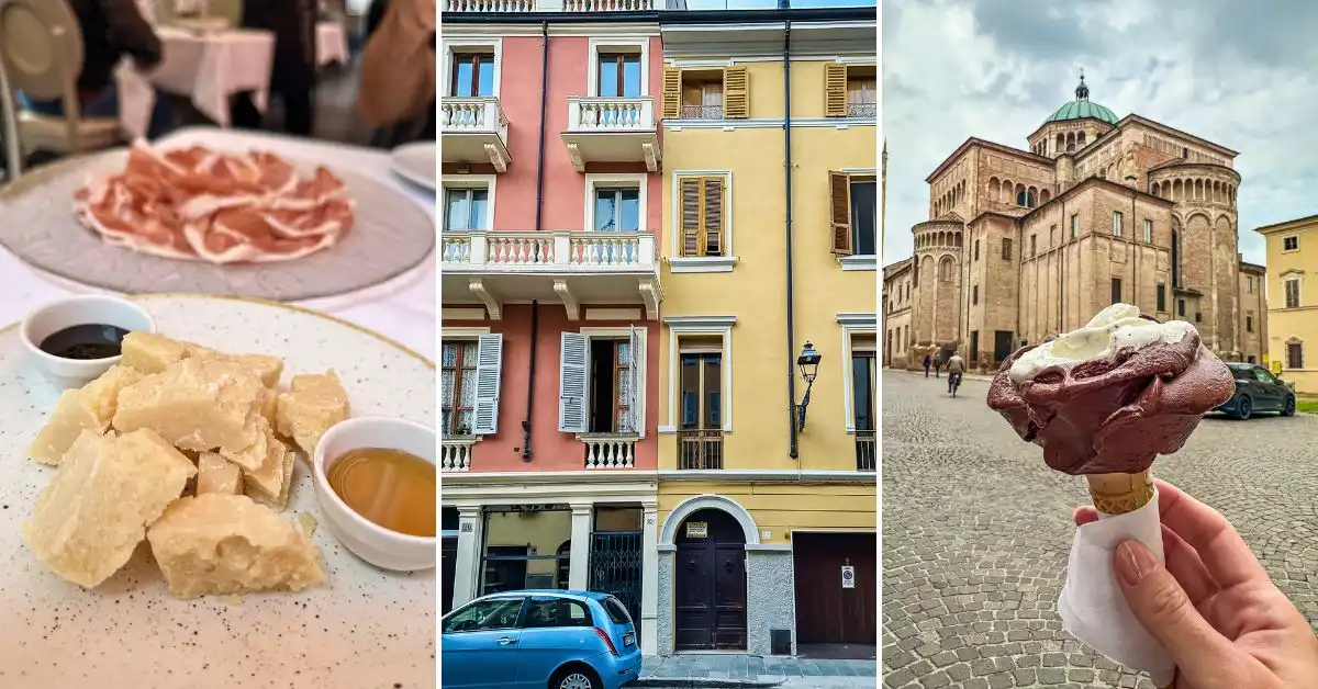 featured image: Three-photo collage showing highlights from one day in Parma, Italy — Parmigiano Reggiano and Prosciutto, colorful buildings in the city center, and a gelato cone held in front of the Parma Cathedral.