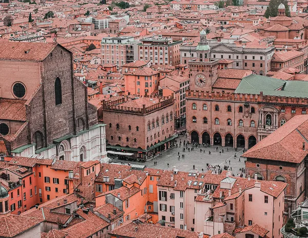 birds eye view of Piazza Maggiore in Bologna Italy