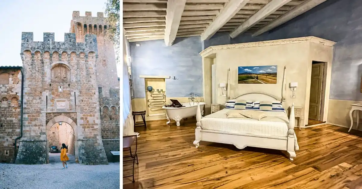 Featured image for a hotel review of Il Mastio di Spedaletto in Tuscany, showing the castle exterior and Suite Piccolomini interior with a clawfoot tub and bed.