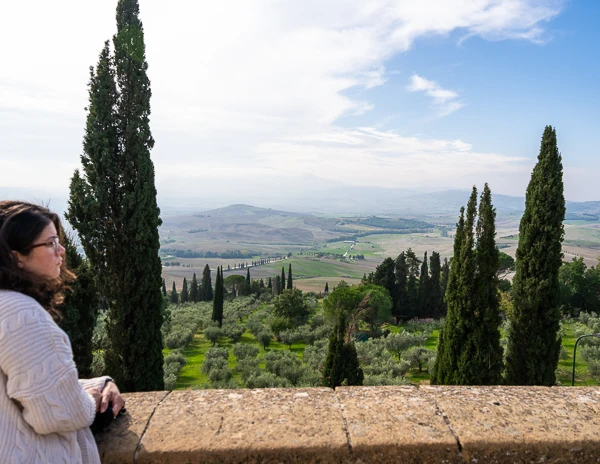 admiring the views of Val Dorcia tuscany from Pienza