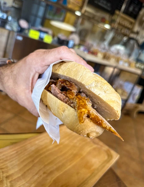 porchetta sandwich from bindi enzo in pienza tuscany