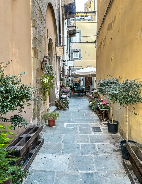 A narrow, cobblestone alleyway in Cortona, Italy, lined with quaint shops, flower displays, and a cozy outdoor café at the end.