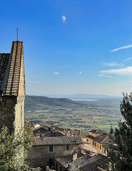 view of lake trasimeno from cortona historic center