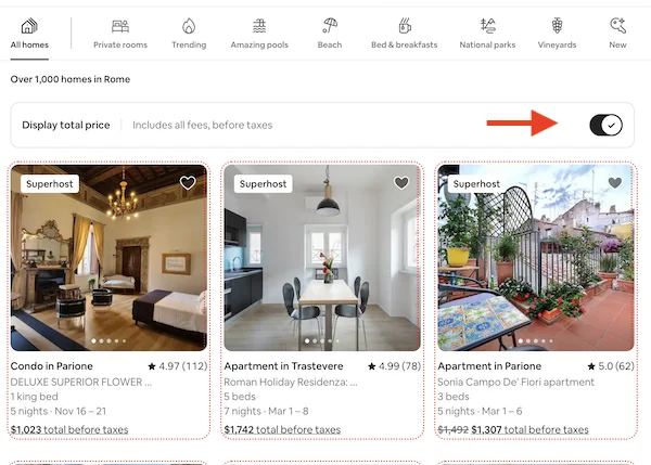 screeenshot of airbnb listings with arrow pointing to disply total on page