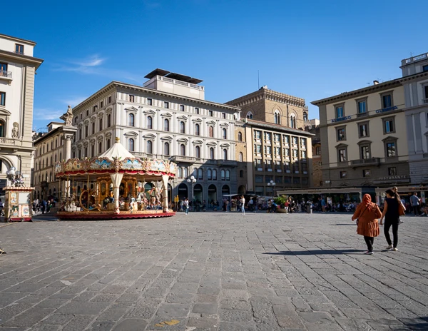 Carousel and buildings in Piazza della Repubblica, Florence, Italy, on a sunny day