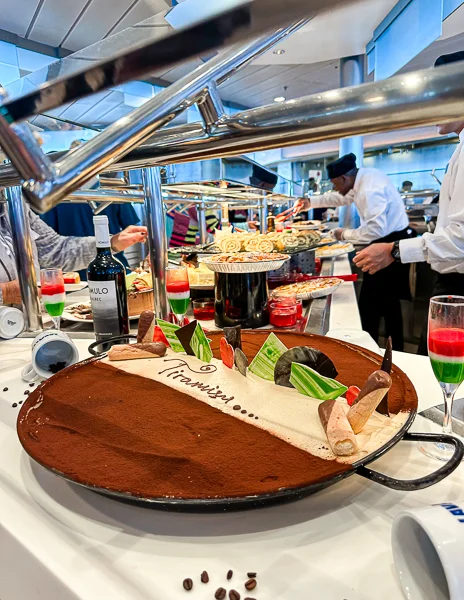 a large tiramisu on cruise buffet