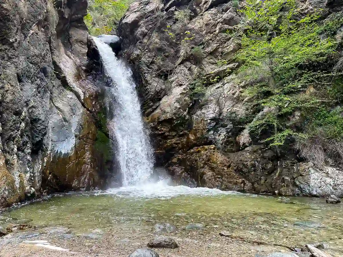 close up of the eaton canyon waterfall and pool of water