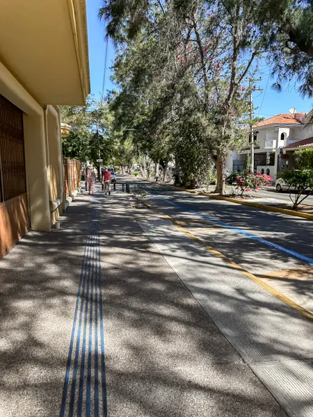 A blue line on the sidewalk leading towards the historic center of Mazatlán, surrounded by trees and buildings.