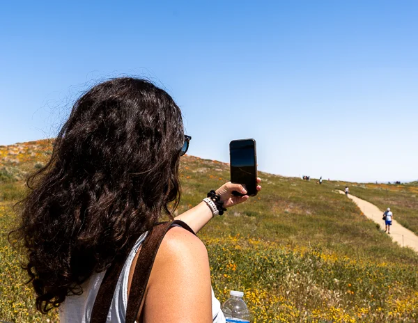 woman taking photos with her mobile phone at the antelope valley reserve