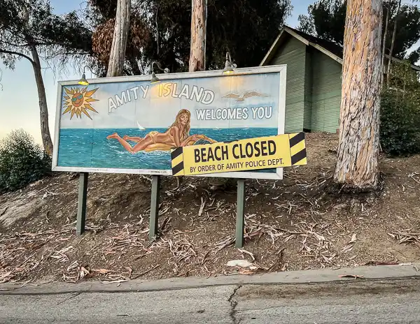 amity island sign on the studio tour at universal studios hollywood when entering jaws section of the ride