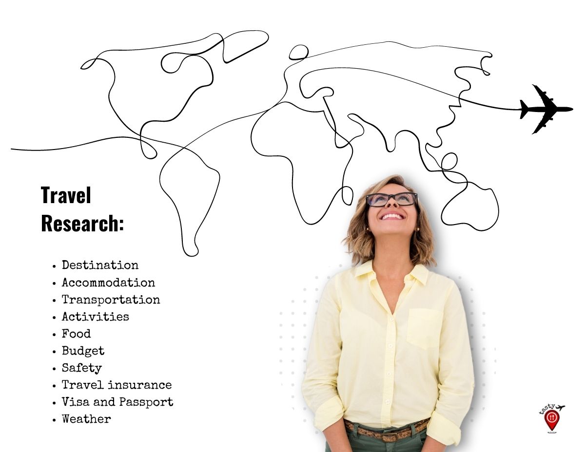 graphic of drawn map of all the countries with a plane flying across, a women looking up at it and a bullet list of travel research