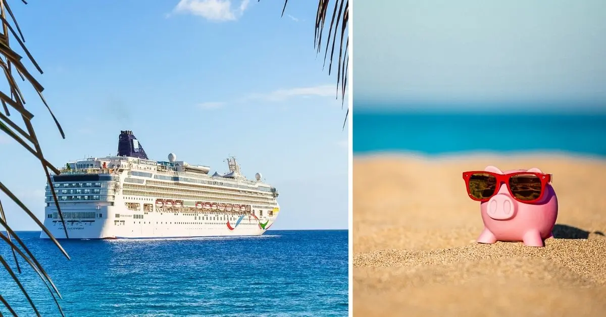 featured image of A cruise ship sails on crystal blue waters alongside a sandy beach. On the beach, a pink piggy bank wearing sunglasses embodies the concept of how to save money on a cruise