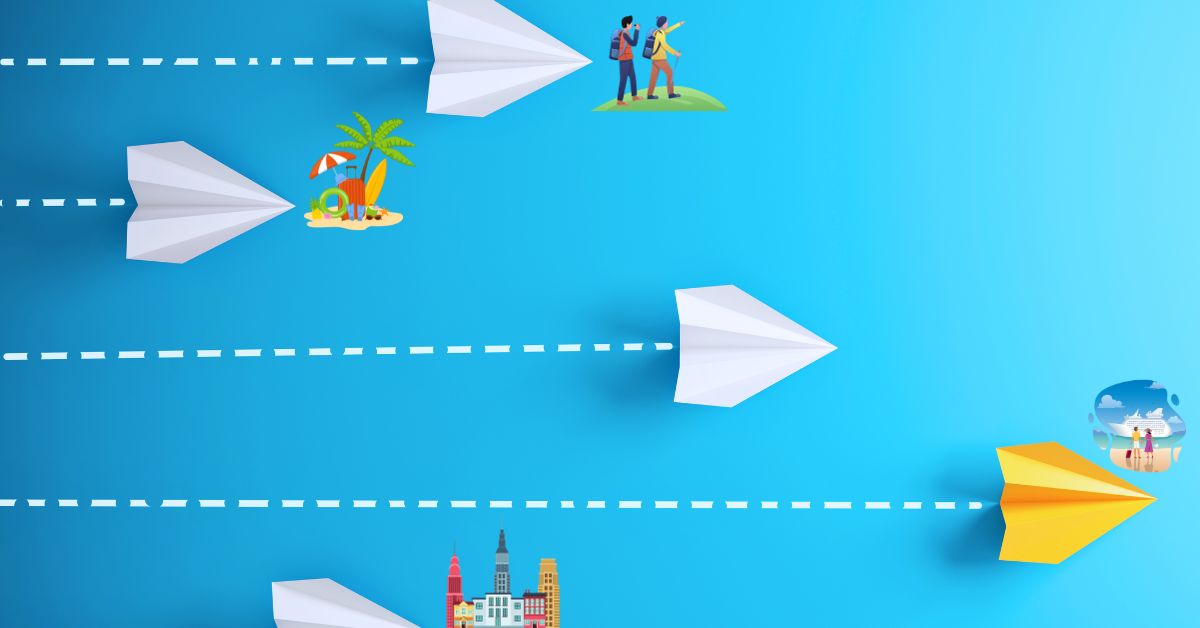 featured blog image | types of vacations | lines of paper planes leading to different vacation types
