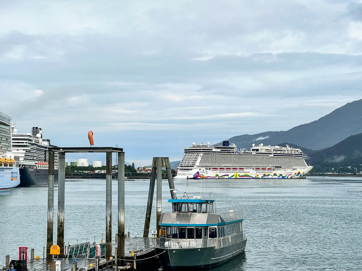 Norwegian Encore cruise ship seen in the distance from Juneau Cruise Port