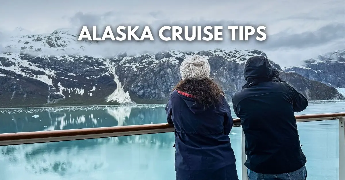 featured blog image: Cruise passengers viewing glaciers from a balcony on an Alaska cruise with overlay text Alaska Cruise Tips