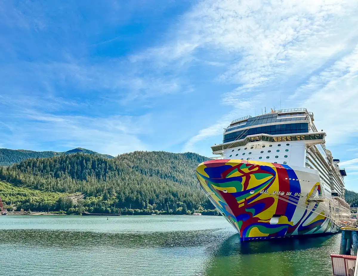 norwegian encore cruise ship docked in ward cove, ketchikan, alaska