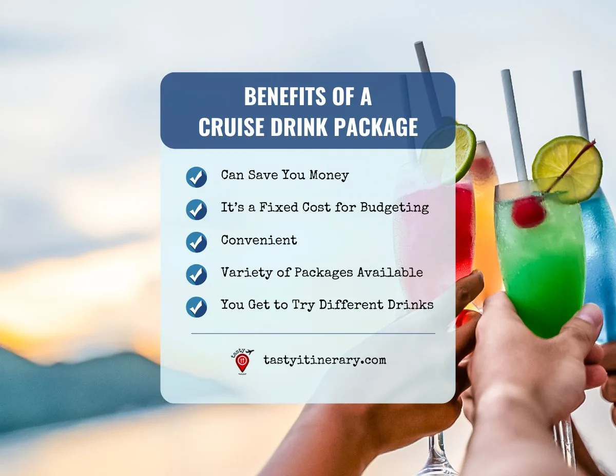 graphic of list of benefits of a cruise drink package