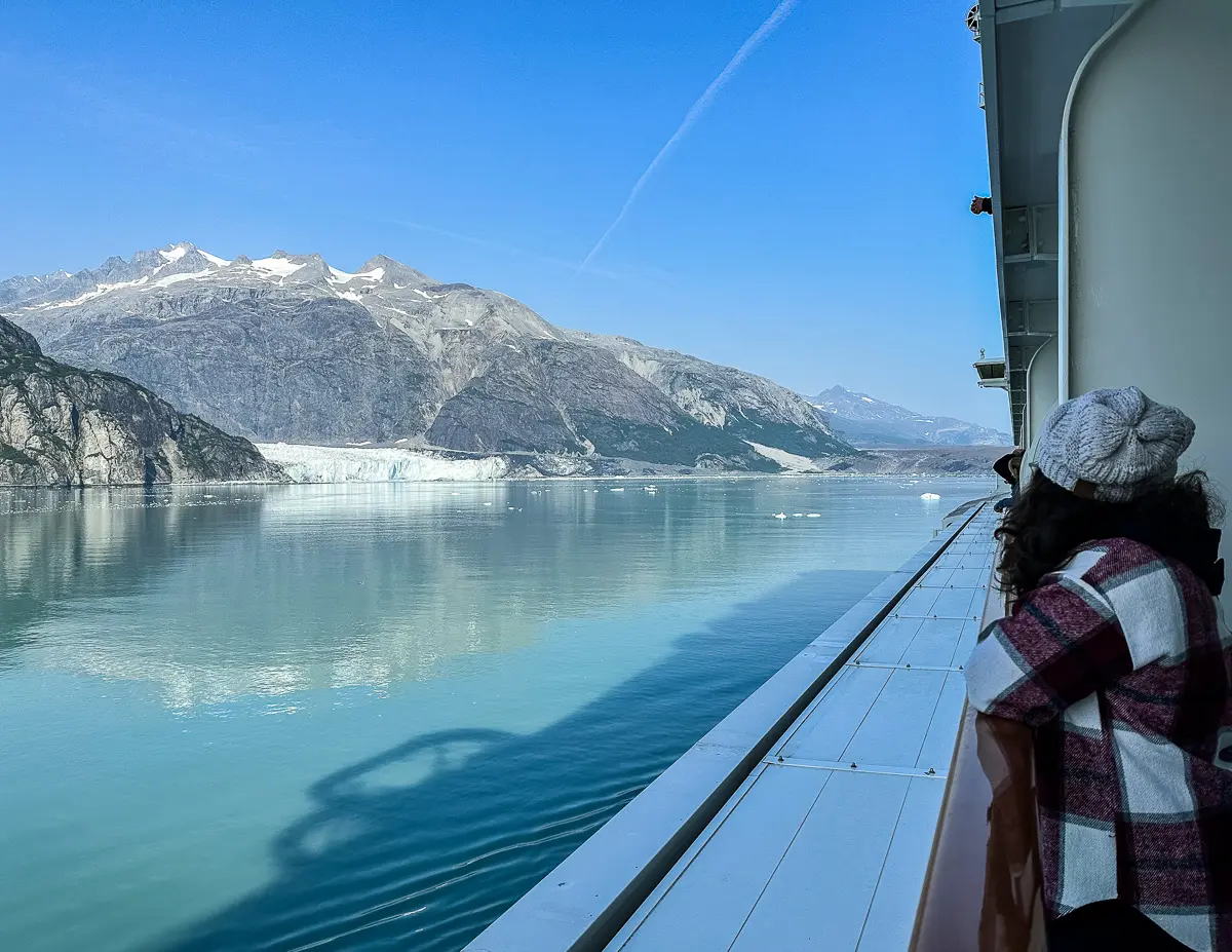 admiring margerie glacier from cruise ship balcony
