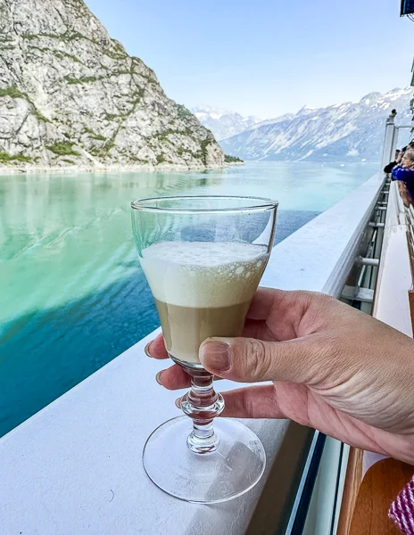 bailys with whip cream with a view of glacier bay on a cruise