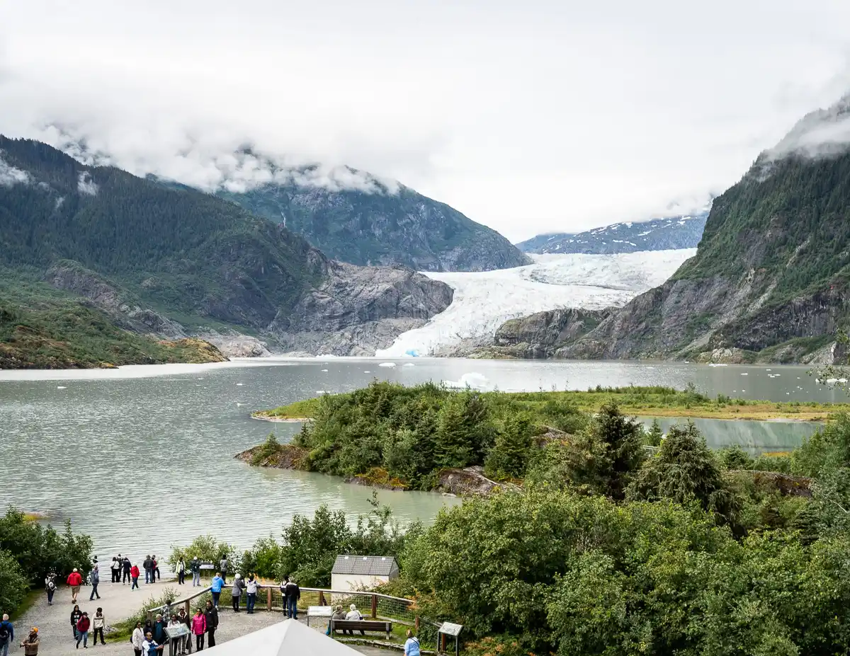 view of Mendenhall Glacier from the visitor center.