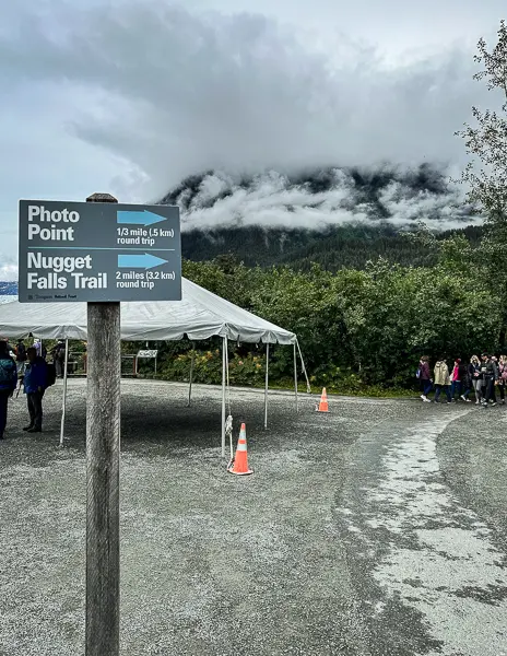 Trail signs at Mendenhall Glacier National Park, indicating distances to Photo Point and Nugget Falls Trail, helpful for visitors planning their hike.