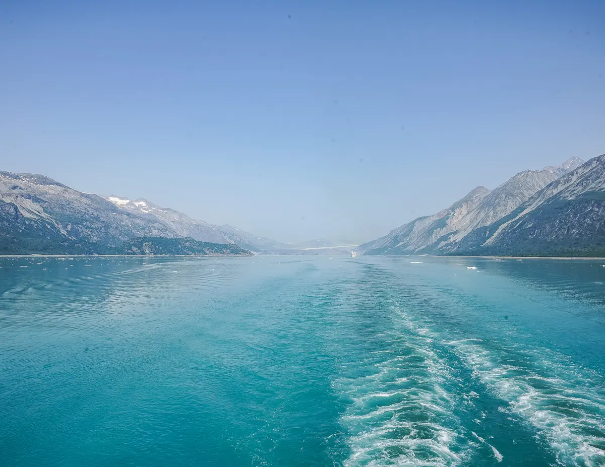 View from the cruise ship's AFT while cruising Glacier Bay.