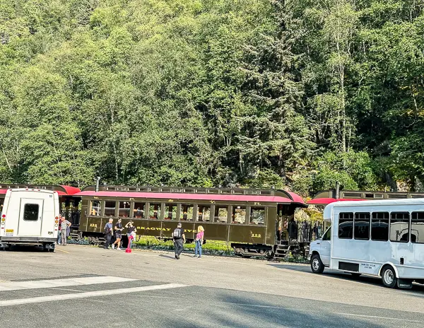 white pass train parked in skagway 