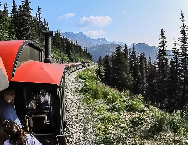 A scenic view of a red-roofed train snaking through a lush green landscape with tall trees and distant mountains, under a clear sky.