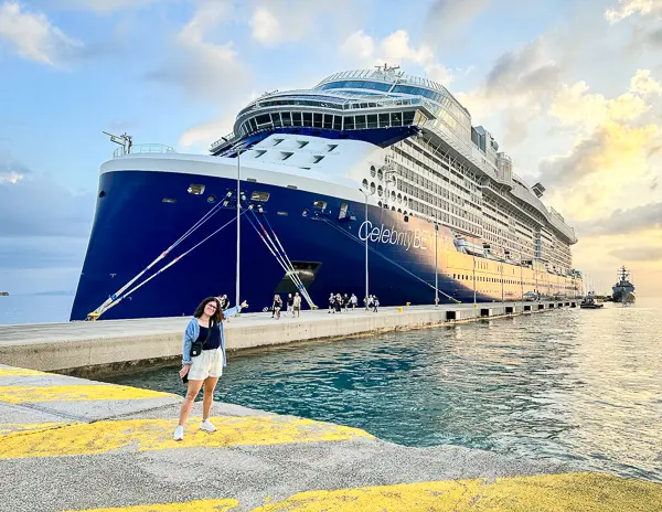 kathy and the celebrity beyond cruise ship at sunrise