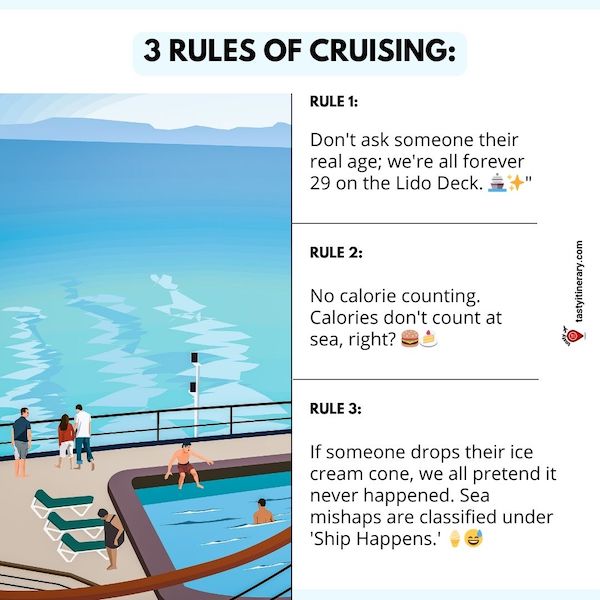 graphic me of animated cruise pool deck with the 3 rules of cruising