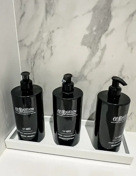 C.O. Bigelow shampoo, conditioner and body wash in the shower of the celebrity beyond sky suite
